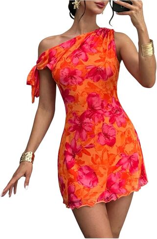 GORGLITTER Women's Asymmetrical Hem Bodycon Mini Dress Tie One Shoulder Floral Sleeveless Wedding Guest Pencil Short Dresses in Saudi Arabia