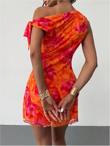 GORGLITTER Women's Asymmetrical Hem Bodycon Mini Dress Tie One Shoulder Floral Sleeveless Wedding Guest Pencil Short Dresses in Saudi Arabia