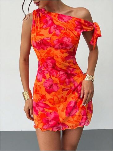 GORGLITTER Women's Asymmetrical Hem Bodycon Mini Dress Tie One Shoulder Floral Sleeveless Wedding Guest Pencil Short Dresses in Saudi Arabia
