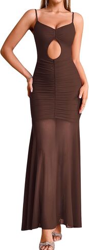 EYNMIN Spaghetti Strap Maxi Dress V Neck Cut Out Ruched Bodycon Mesh Long Formal Wedding Guest Dresses for Women in Saudi Arabia