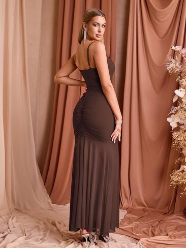 EYNMIN Spaghetti Strap Maxi Dress V Neck Cut Out Ruched Bodycon Mesh Long Formal Wedding Guest Dresses for Women in Saudi Arabia