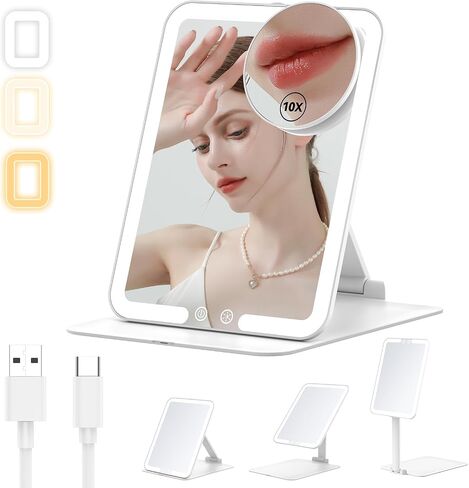 Anfauny Lighted Travel Makeup Mirror with Magnetic 10X Magnification, Vanity Portable and Foldable with Adjustable Stand, Rechargeable 3 Color Lights for Desk and Tabletop -Pink in Saudi Arabia