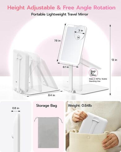 Anfauny Lighted Travel Makeup Mirror with Magnetic 10X Magnification, Vanity Portable and Foldable with Adjustable Stand, Rechargeable 3 Color Lights for Desk and Tabletop -Pink in Saudi Arabia