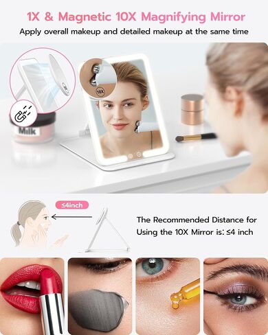 Anfauny Lighted Travel Makeup Mirror with Magnetic 10X Magnification, Vanity Portable and Foldable with Adjustable Stand, Rechargeable 3 Color Lights for Desk and Tabletop -Pink in Saudi Arabia