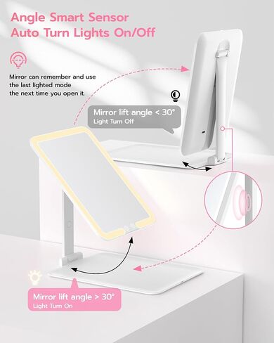 Anfauny Lighted Travel Makeup Mirror with Magnetic 10X Magnification, Vanity Portable and Foldable with Adjustable Stand, Rechargeable 3 Color Lights for Desk and Tabletop -Pink in Saudi Arabia