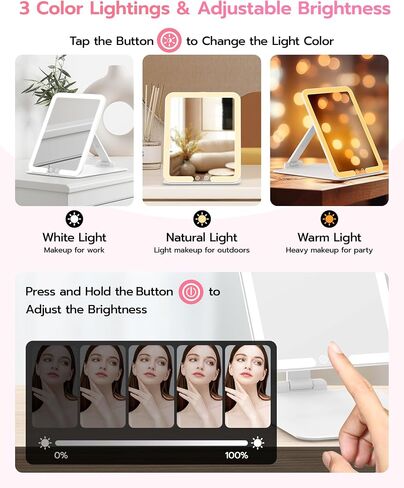 Anfauny Lighted Travel Makeup Mirror with Magnetic 10X Magnification, Vanity Portable and Foldable with Adjustable Stand, Rechargeable 3 Color Lights for Desk and Tabletop -Pink in Saudi Arabia