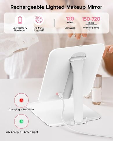 Anfauny Lighted Travel Makeup Mirror with Magnetic 10X Magnification, Vanity Portable and Foldable with Adjustable Stand, Rechargeable 3 Color Lights for Desk and Tabletop -Pink in Saudi Arabia