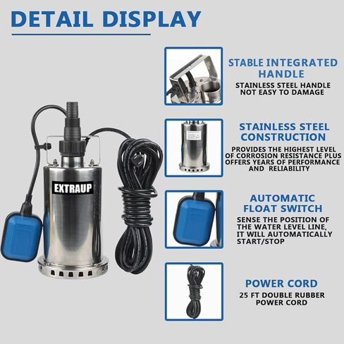 Sump Pump 1HP Clean/Dirty Submersible Water Pump, Electric Thermoplastic Portable Utility Pump 3900 GPH low suction for Swimming Pool Garden Pond Basement Window Wells with 16.4ft Power Cord in Kuwait