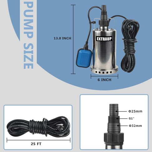 Sump Pump 1HP Clean/Dirty Submersible Water Pump, Electric Thermoplastic Portable Utility Pump 3900 GPH low suction for Swimming Pool Garden Pond Basement Window Wells with 16.4ft Power Cord in Kuwait