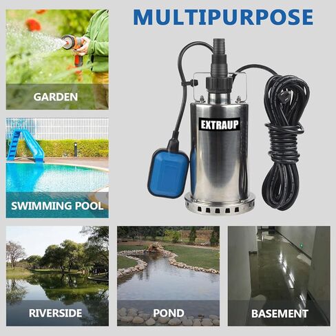 Sump Pump 1HP Clean/Dirty Submersible Water Pump, Electric Thermoplastic Portable Utility Pump 3900 GPH low suction for Swimming Pool Garden Pond Basement Window Wells with 16.4ft Power Cord in Kuwait