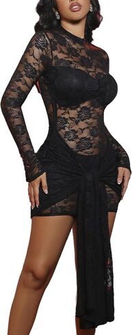 acelyn Women’s Sexy Floral Lace Bodycon Mini Dress Long Sleeve Mock Neck Cocktail Party Birthday Club Dress in Saudi Arabia