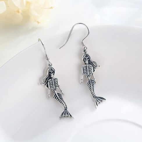 925 Sterling Silver Skeleton Earrings Skull Earrings Black Mermaid Jewelry Gothic Dangle Earrings Gifts in Saudi Arabia