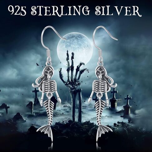 925 Sterling Silver Skeleton Earrings Skull Earrings Black Mermaid Jewelry Gothic Dangle Earrings Gifts in Saudi Arabia
