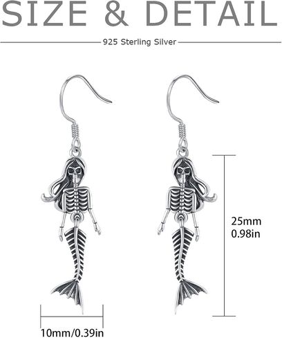 925 Sterling Silver Skeleton Earrings Skull Earrings Black Mermaid Jewelry Gothic Dangle Earrings Gifts in Saudi Arabia