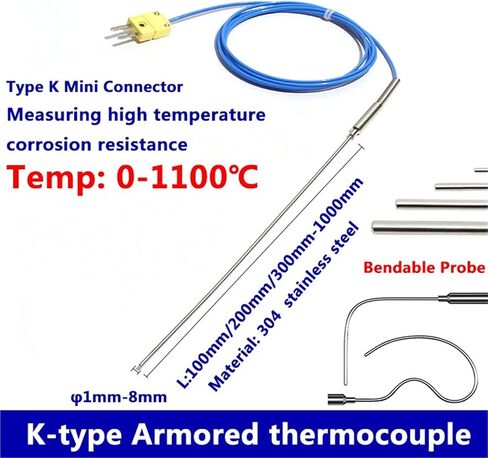 Armoured Thermocouple K Type Bendable Sensor Wire 1mm//2mm/3mm-8mm Dia 100/200/300mm WRNK-191 0-1100 Degree Temperature Sensor(Probe diam 1X1000mm) in Saudi Arabia