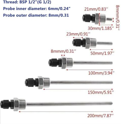PT1000， Pt100 Temperature Sensor SUS304 Housing Platinum Resistance BSPT G1/2" Thread Probe Solar Specific Blind Pipe Water Tank(Pt1000 Probe 100mm) in Saudi Arabia
