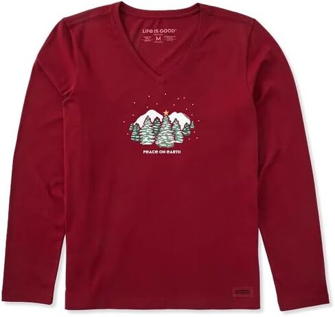 Life is Good. Women's Snowy Xmas Tree Long Sleeve Crusher Vee, Adirondack Red in Saudi Arabia