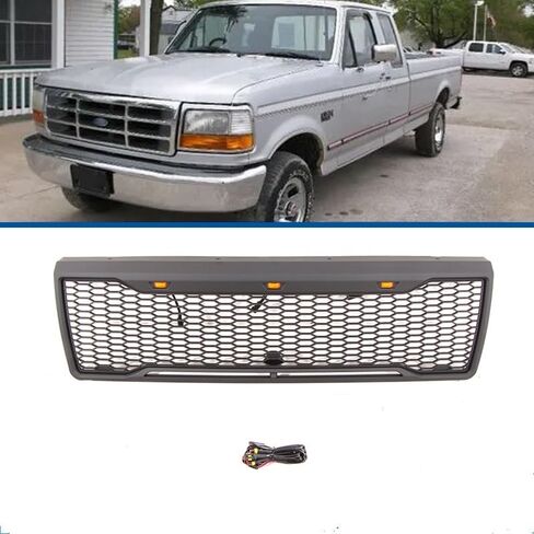شبكة أمامية متوافقة مع Ford F150 F250 F350 1992 1993 1994 1995 1996 غطاء محرك السيارة المصد الأمامي شواية أسود غير لامع إدراج شبكة قرص العسل البلاستيكية مع أضواء العنبر in Saudi Arabia