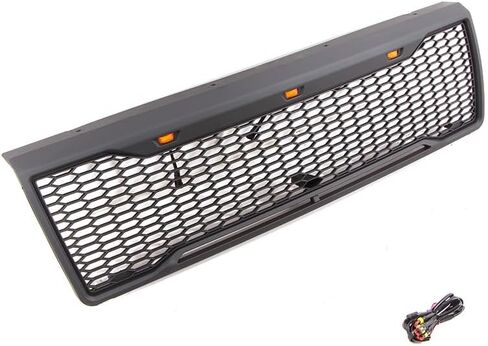 شبكة أمامية متوافقة مع Ford F150 F250 F350 1992 1993 1994 1995 1996 غطاء محرك السيارة المصد الأمامي شواية أسود غير لامع إدراج شبكة قرص العسل البلاستيكية مع أضواء العنبر in Saudi Arabia