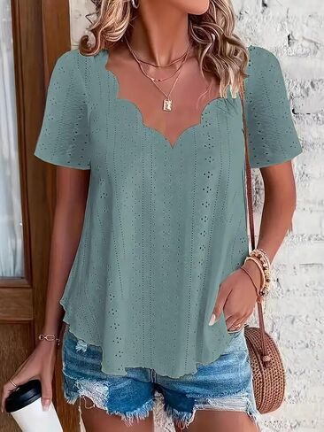 Women's V Neck Short Sleeve Solid Color Casual Top Loose Fit Blouse for Daily Versatile Outfits in Saudi Arabia