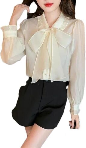 Women Long Sleeve Chiffon Shirts Women Bow Neck Casual Slim Fit Solid Color Blouses in Saudi Arabia