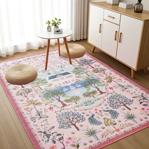 Vasofe 3x5 Rug, Pink Washable Rugs for Entryway, Girls Bedroom, Laundry Room,Indoor Floor Mat, Modern Jungle Animal Floral Mats for Living Room, Nursery, Farmhouse,Non Slip Low Pile Soft Carpet in Saudi Arabia