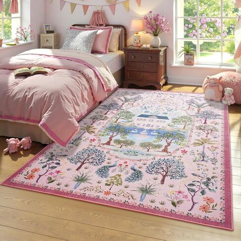 Vasofe 3x5 Rug, Pink Washable Rugs for Entryway, Girls Bedroom, Laundry Room,Indoor Floor Mat, Modern Jungle Animal Floral Mats for Living Room, Nursery, Farmhouse,Non Slip Low Pile Soft Carpet in Saudi Arabia