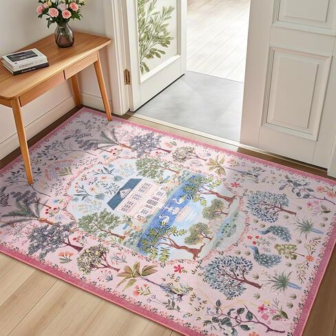 Vasofe 3x5 Rug, Pink Washable Rugs for Entryway, Girls Bedroom, Laundry Room,Indoor Floor Mat, Modern Jungle Animal Floral Mats for Living Room, Nursery, Farmhouse,Non Slip Low Pile Soft Carpet in Saudi Arabia