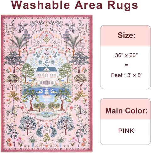 Vasofe 3x5 Rug, Pink Washable Rugs for Entryway, Girls Bedroom, Laundry Room,Indoor Floor Mat, Modern Jungle Animal Floral Mats for Living Room, Nursery, Farmhouse,Non Slip Low Pile Soft Carpet in Saudi Arabia