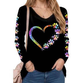 VKEGNIO حجر الراين القلب الخامس الرقبة قمصان المرأة مضحك القلب مطبوعة نمط البلوز عادية فضفاض كم طويل تونك قميص بلايز in Kuwait