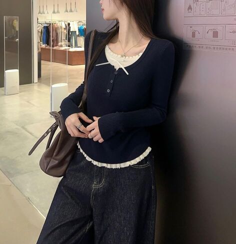 النساء Coquette قمصان طويلة الأكمام لطيف الدانتيل كشكش ربطة القوس فيونكة اقتصاص سترة Y2K الجنية الجرونج خمر Y2K أفضل تيز الطفل in Kuwait
