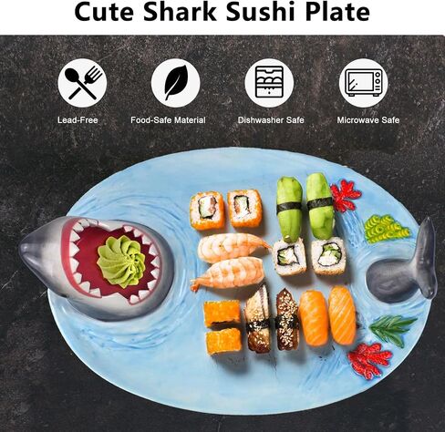 Shark Sushi Plate - Hand-Painted Ceramic - Lead-Free - Food-Safe Materials - Secure and Sturdy - Microwave/Oven/Freezer/Dishwasher Safe - Ideal Gift for Sushi Enthusiasts! in Saudi Arabia
