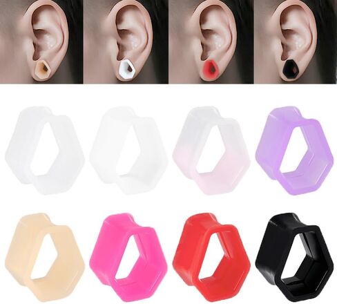 NewZenro Hollow Hexagon Thin Silicone Ear Tunnel Plugs Gauges Expanders Flexible Soft Tunnels Kit Stretcher Coffin Earrings Fashion Unique Lobe Piercing Body Jewelry for Women Men 8 Pairs Set in Saudi Arabia