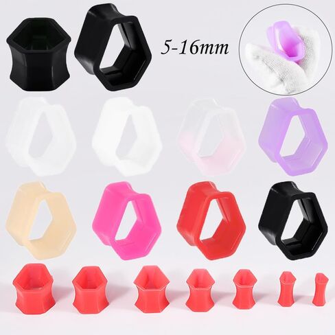 NewZenro Hollow Hexagon Thin Silicone Ear Tunnel Plugs Gauges Expanders Flexible Soft Tunnels Kit Stretcher Coffin Earrings Fashion Unique Lobe Piercing Body Jewelry for Women Men 8 Pairs Set in Saudi Arabia
