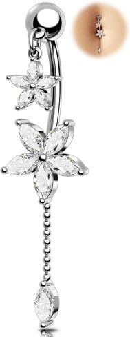 Melighting 14G Lotus Belly Button Ring، حلقة بطن متدلية من الفولاذ الجراحي 316L، مجوهرات ثقب السرة العكسية، مجوهرات الجسم على شكل زهرة فضية 10 مم للنساء in Saudi Arabia