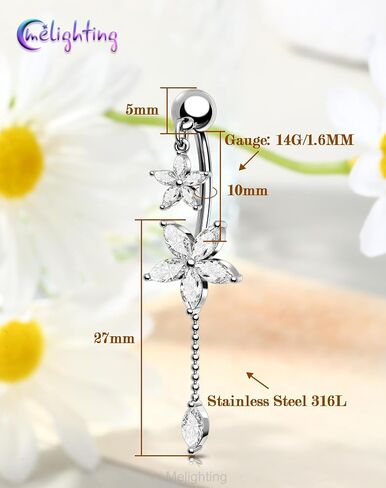 Melighting 14G Lotus Belly Button Ring، حلقة بطن متدلية من الفولاذ الجراحي 316L، مجوهرات ثقب السرة العكسية، مجوهرات الجسم على شكل زهرة فضية 10 مم للنساء in Saudi Arabia