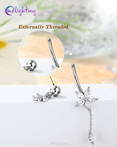 Melighting 14G Lotus Belly Button Ring، حلقة بطن متدلية من الفولاذ الجراحي 316L، مجوهرات ثقب السرة العكسية، مجوهرات الجسم على شكل زهرة فضية 10 مم للنساء in Saudi Arabia