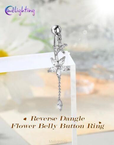 Melighting 14G Lotus Belly Button Ring، حلقة بطن متدلية من الفولاذ الجراحي 316L، مجوهرات ثقب السرة العكسية، مجوهرات الجسم على شكل زهرة فضية 10 مم للنساء in Saudi Arabia