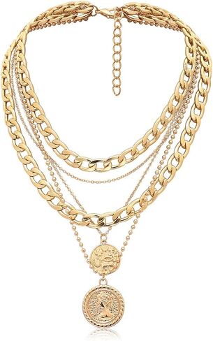 Atiptu Vintage Pirate Necklace for Women Chunky Layered Link Chain Choker Coin Necklaces Punk 80s 90s Necklace Pirate Jewelry for Women Men Prom Costume in Saudi Arabia
