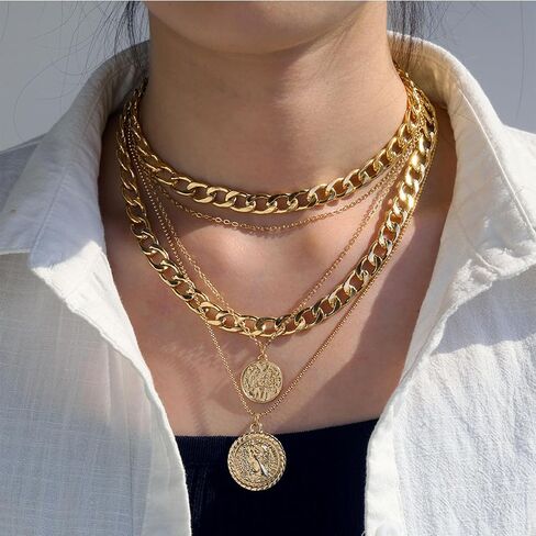 Atiptu Vintage Pirate Necklace for Women Chunky Layered Link Chain Choker Coin Necklaces Punk 80s 90s Necklace Pirate Jewelry for Women Men Prom Costume in Saudi Arabia