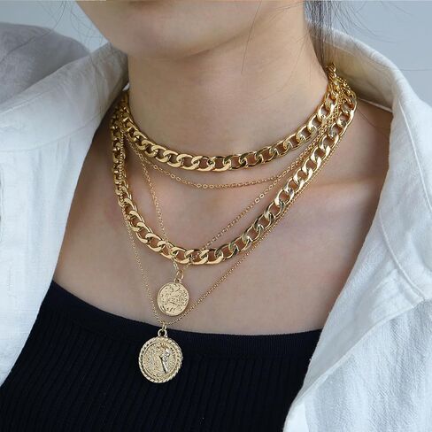 Atiptu Vintage Pirate Necklace for Women Chunky Layered Link Chain Choker Coin Necklaces Punk 80s 90s Necklace Pirate Jewelry for Women Men Prom Costume in Saudi Arabia