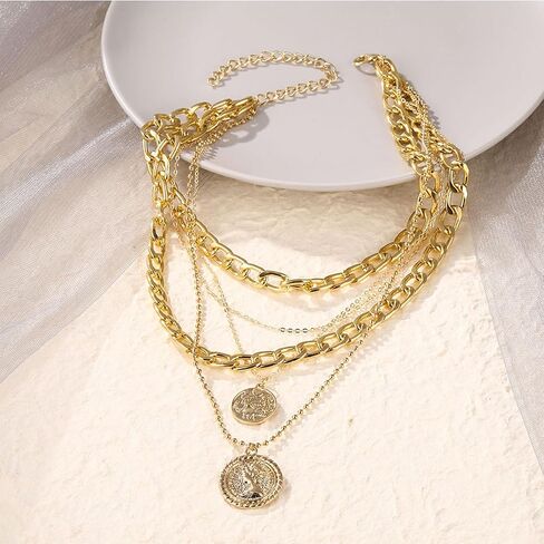 Atiptu Vintage Pirate Necklace for Women Chunky Layered Link Chain Choker Coin Necklaces Punk 80s 90s Necklace Pirate Jewelry for Women Men Prom Costume in Saudi Arabia