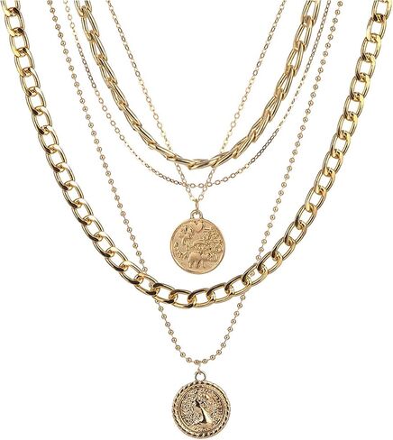 Atiptu Vintage Pirate Necklace for Women Chunky Layered Link Chain Choker Coin Necklaces Punk 80s 90s Necklace Pirate Jewelry for Women Men Prom Costume in Saudi Arabia