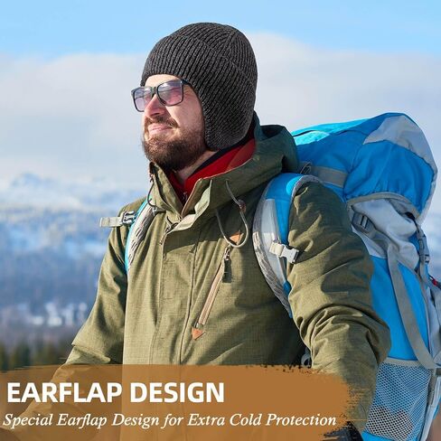 OZERO Winter Beanies Hats Men: Beanie with Ear Flaps Outdoor Thermal Knitted Hat - Warm Ski Stocking Polar Fleece Cuffed Cap in Kuwait