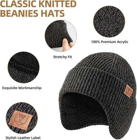 OZERO Winter Beanies Hats Men: Beanie with Ear Flaps Outdoor Thermal Knitted Hat - Warm Ski Stocking Polar Fleece Cuffed Cap in Kuwait