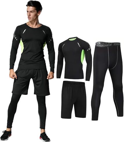 3 PCS Men's Compression Set - Workout Long Sleeve Top & Pants with running Shorts | Moisture-Wicking Gym Bundle in Saudi Arabia