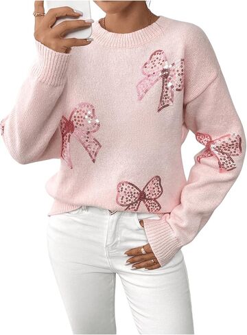 MakeMeChic Women's Crew Neck Sweater Bow Knot Sequin Long Sleeve Drop Shoulder Knit Top in Saudi Arabia