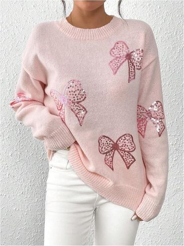 MakeMeChic Women's Crew Neck Sweater Bow Knot Sequin Long Sleeve Drop Shoulder Knit Top in Saudi Arabia