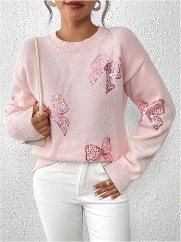 MakeMeChic Women's Crew Neck Sweater Bow Knot Sequin Long Sleeve Drop Shoulder Knit Top in Saudi Arabia