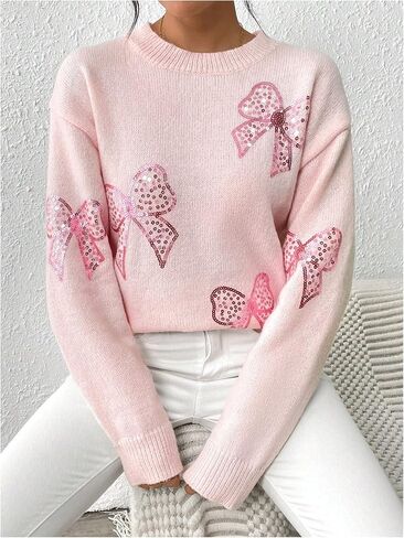 MakeMeChic Women's Crew Neck Sweater Bow Knot Sequin Long Sleeve Drop Shoulder Knit Top in Saudi Arabia